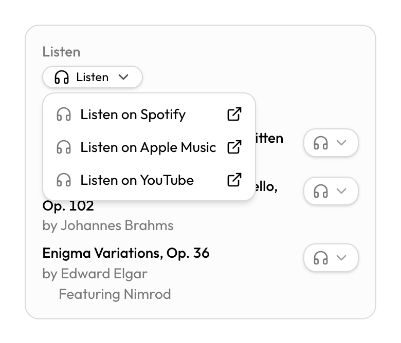 Concert cycle Program tab with Listen menu open