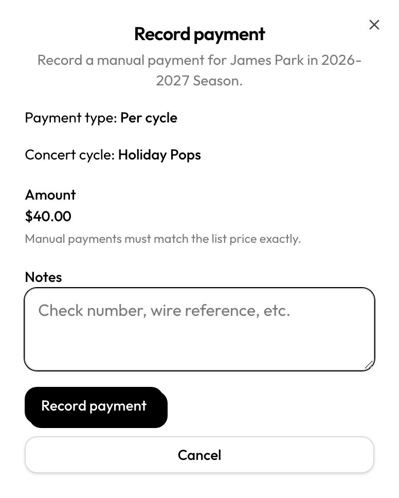 Record manual payment dialog