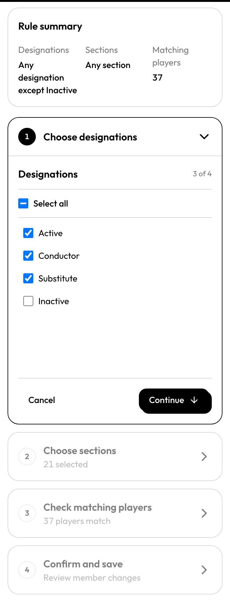 Email group membership rule checklist with the current rule summary