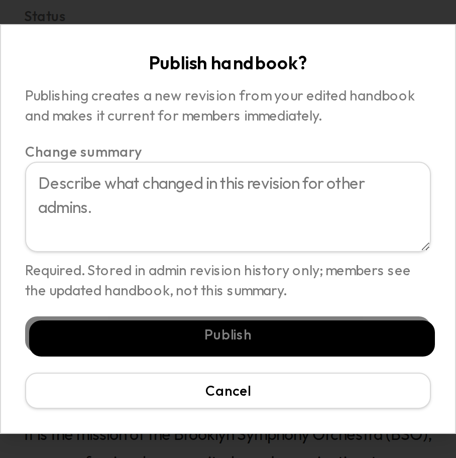 Publish handbook confirmation dialog with change summary field
