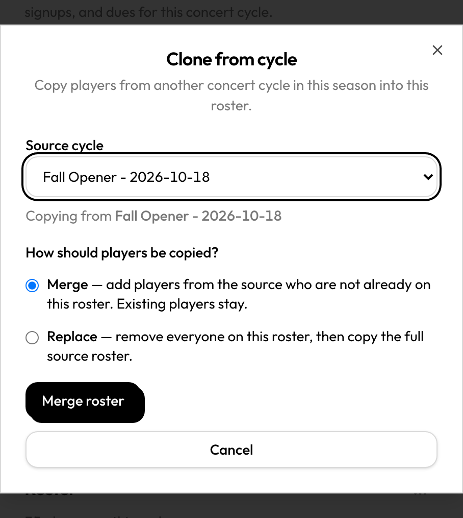 Clone from cycle dialog