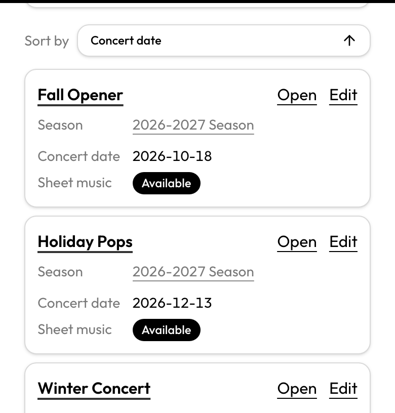 Sheet music table with Available and Unavailable cycle links