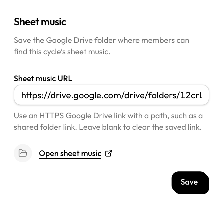 Sheet music editor with Google Drive URL field and Save button