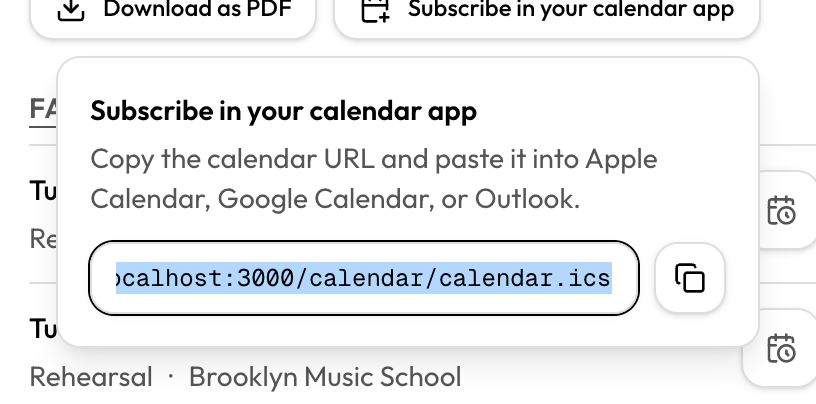 Calendar subscribe panel