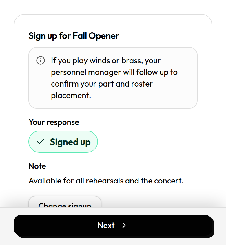 Concert cycle signup saved summary with Concert signup banner