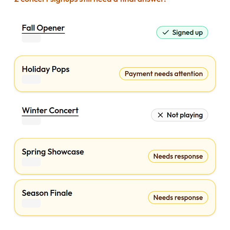Concert signups list with unanswered cycles