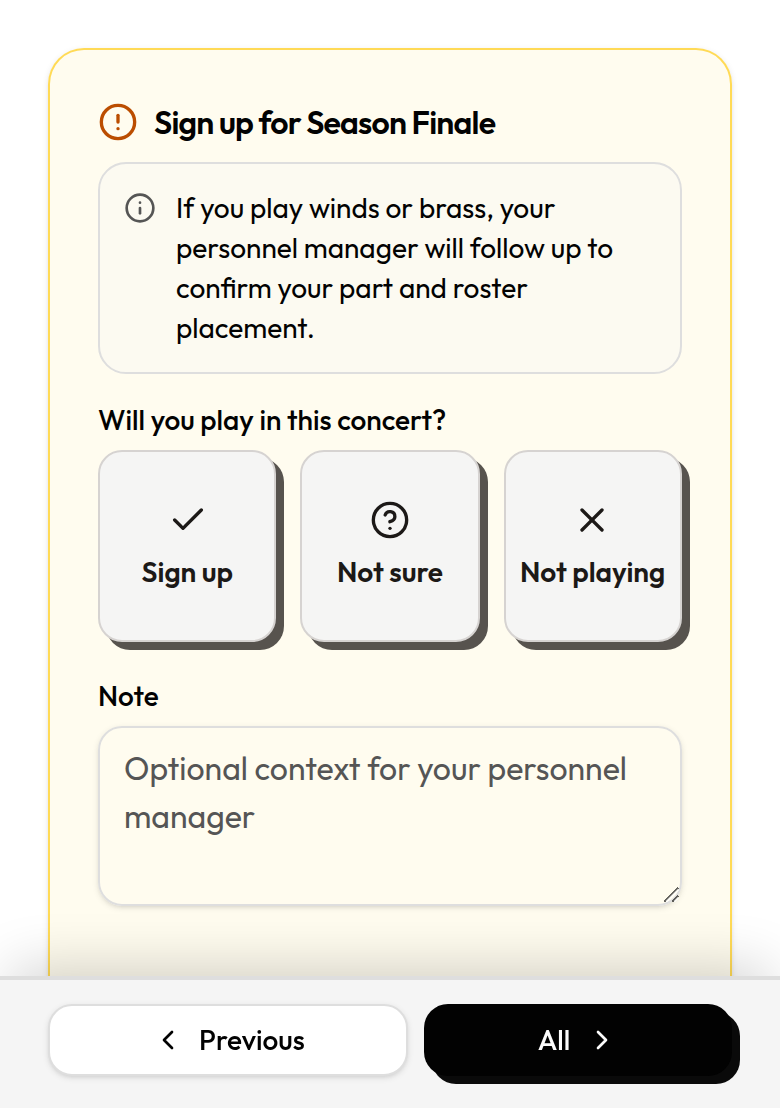 Concert cycle detail with unanswered signup banner