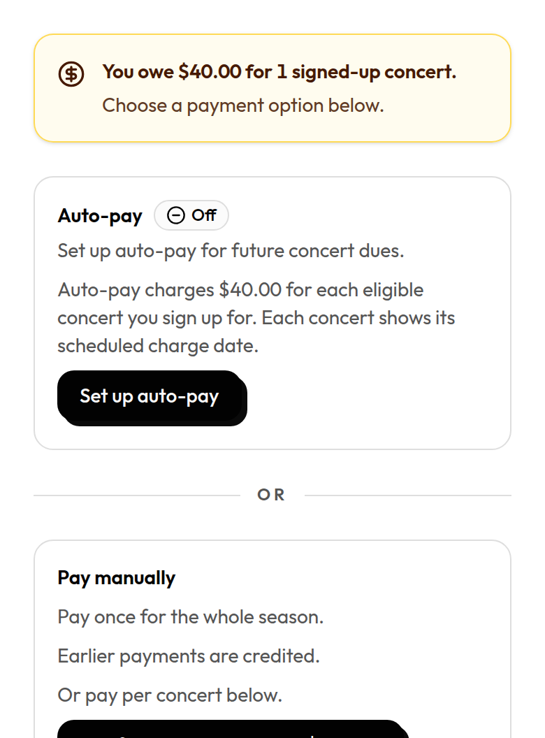 Season dues with a financial status summary, payment choices, and the Concerts list