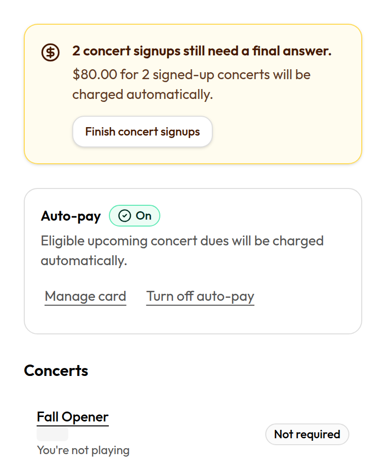 Season dues with Auto-pay on and the Concerts list showing charge, signup, and no-dues statuses