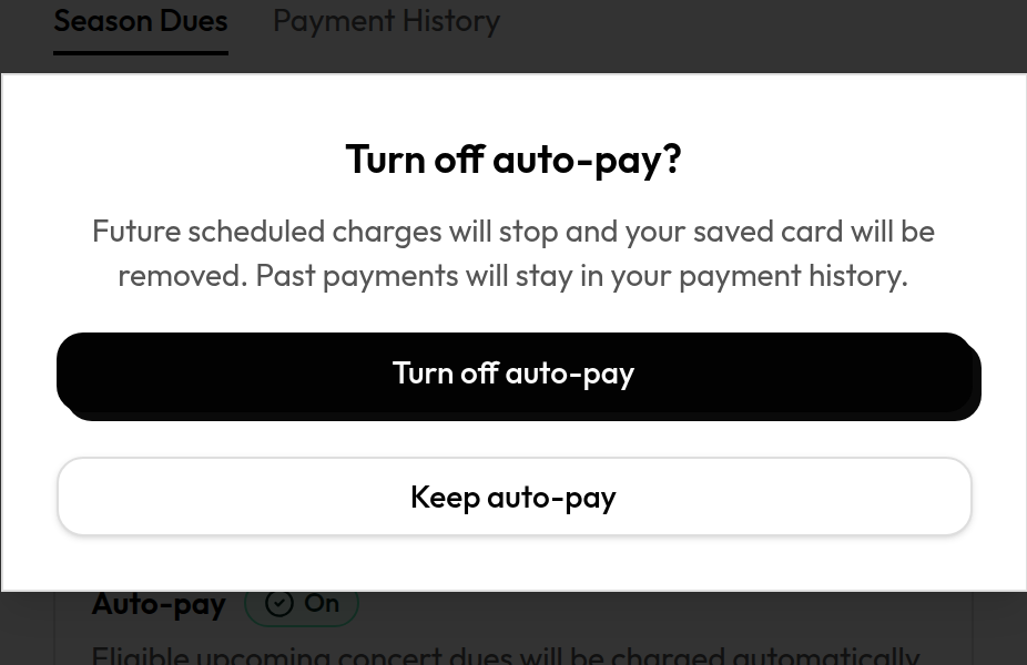 Turn off auto-pay confirmation with Keep auto-pay and Turn off auto-pay actions