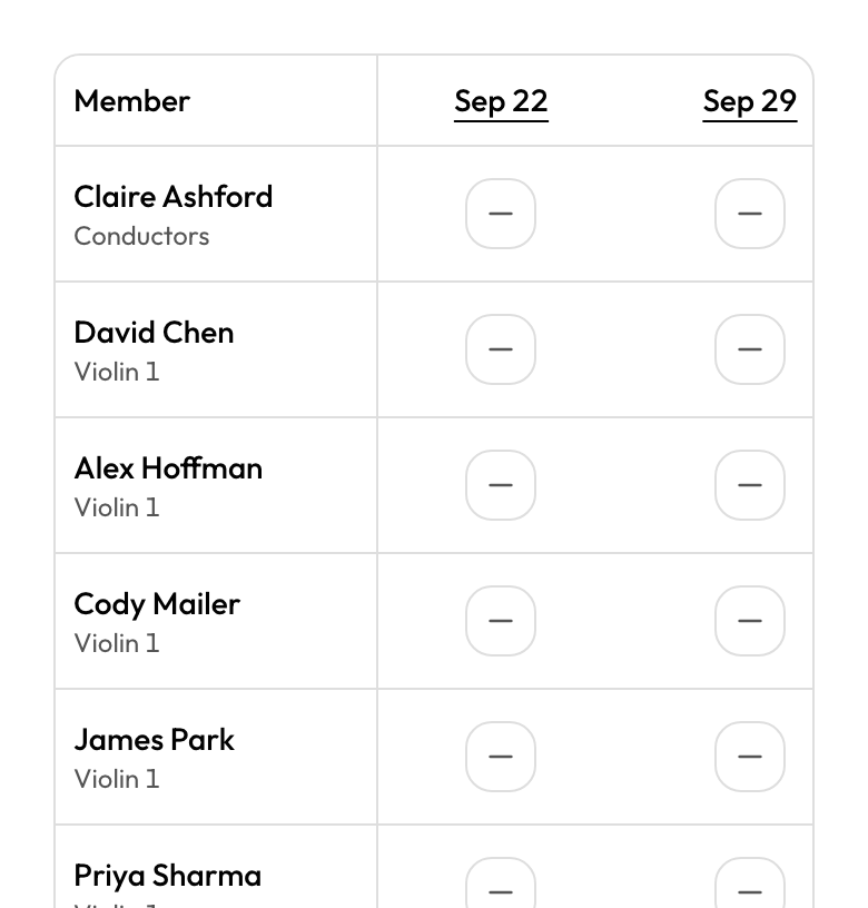 Enter attendance cycle grid with members in rows and events in columns